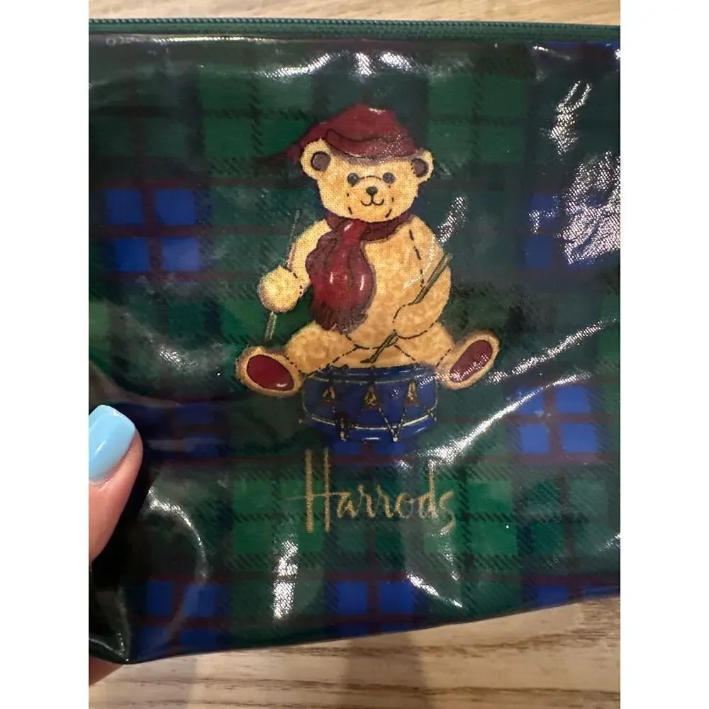 Harrods Vintage Teddy Bear Zipper Pouch, plaid background, - Picture 2 of 6